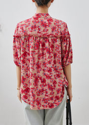 Fashion Pink Ruffled Print Chiffon Shirts Summer