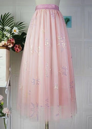 Fashion Pink Sequins Embroidered Elastic Waist Tulle Skirt Spring