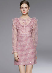 Fashion Pink Sequins Embroideried Patchwork Ruffles Dress Fall