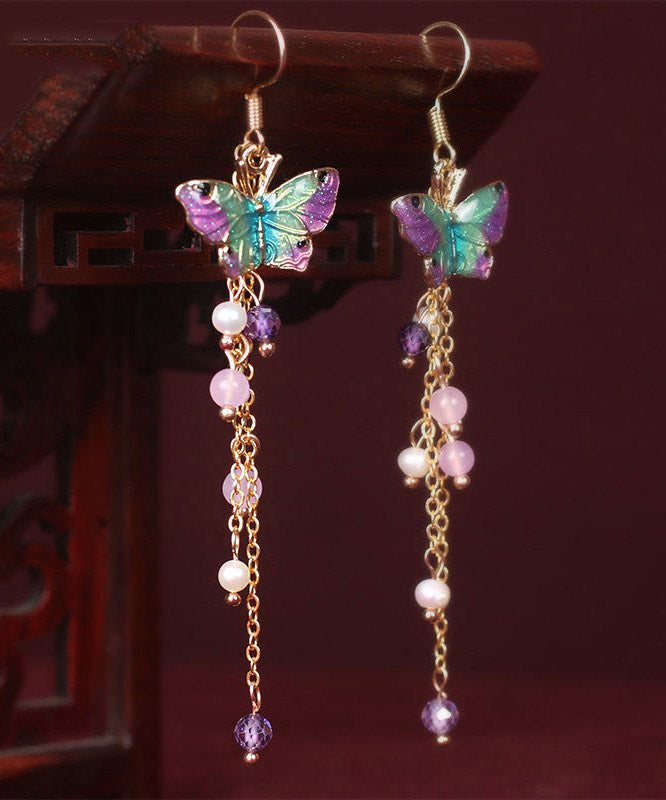 Fashion Pink Sterling Silver Pearl Chalcedony Butterfly Tassel Drop Earrings