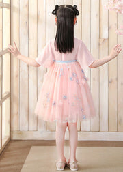 Fashion Pink V Neck Embroideried Layered Tulle Kids Mid Dress Short Sleeve