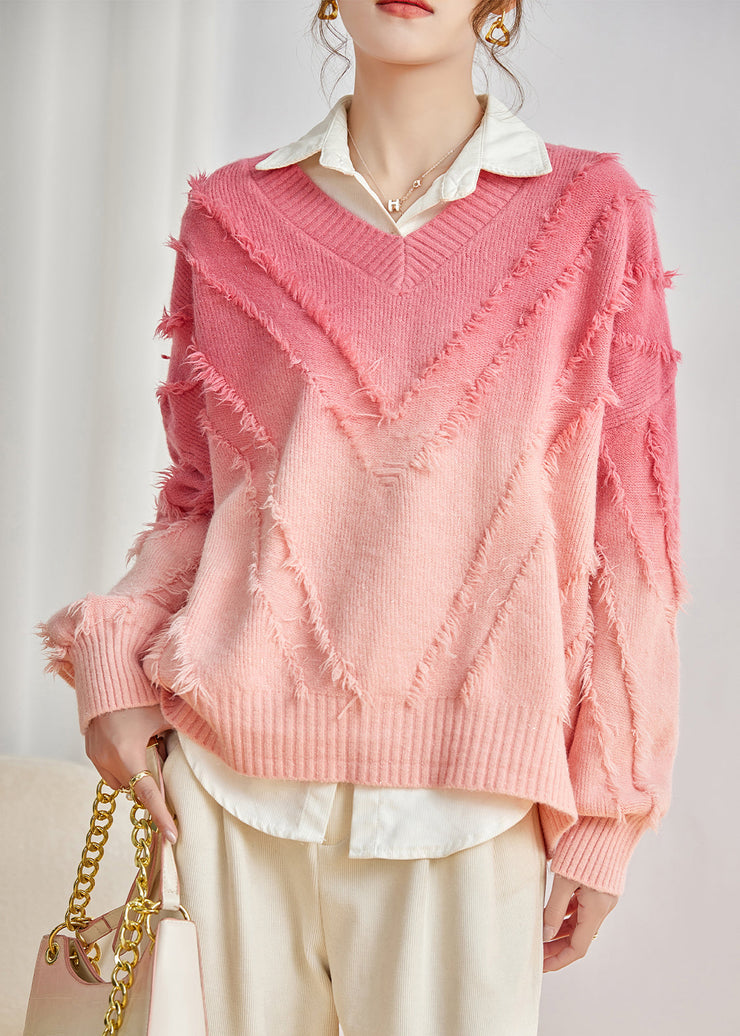 Fashion Pink V Neck Gradient Tasseled Knit Sweater Top Spring