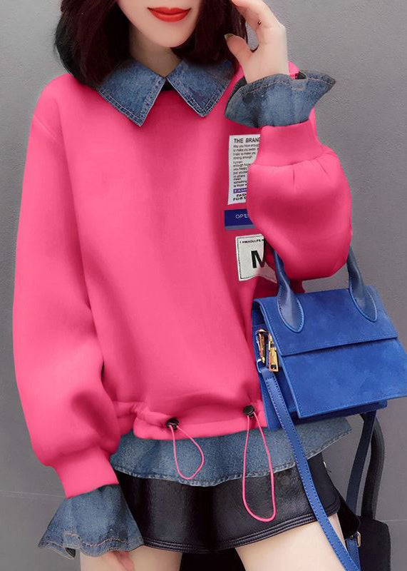 Fashion Pink drawstring Peter Pan Collar denim Patchwork Sweatshirts Top Spring