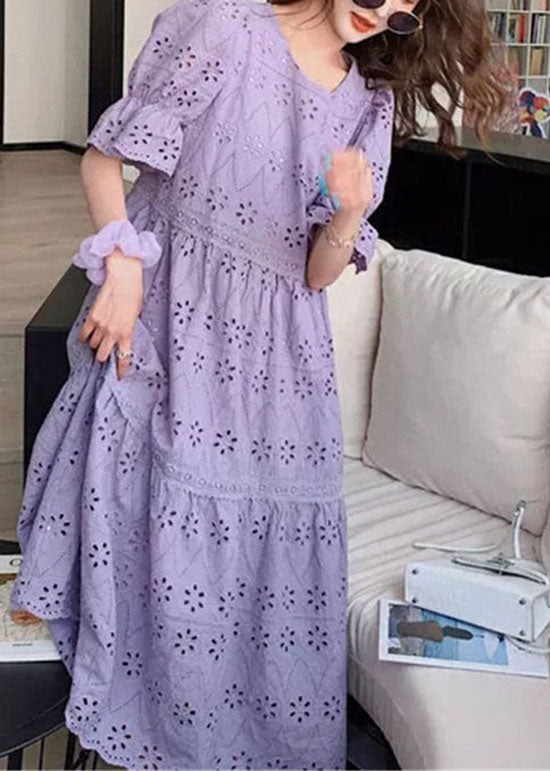 Fashion Purple Embroideried Hollow Out Patchwork Cotton Dress Puff Sleeve