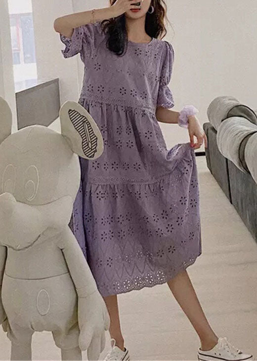 Fashion Purple Embroideried Hollow Out Patchwork Cotton Dress Puff Sleeve