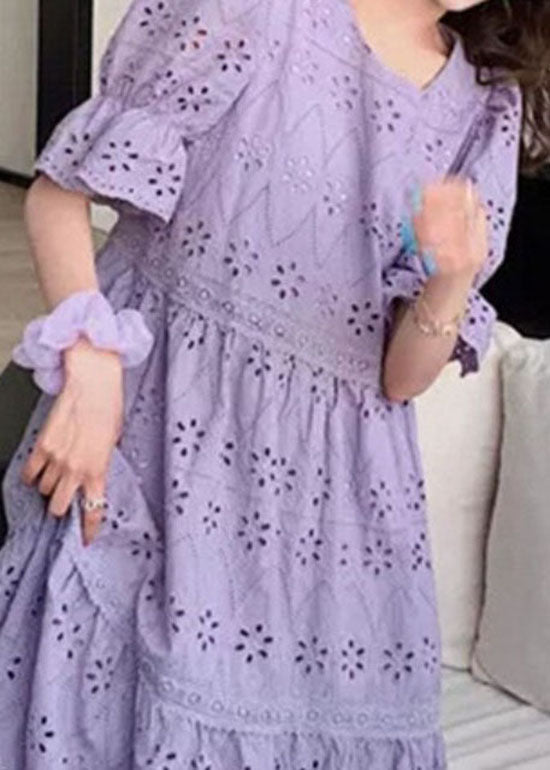 Fashion Purple Embroideried Hollow Out Patchwork Cotton Dress Puff Sleeve