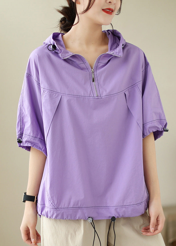 Fashion Purple Patchwork Cotton Solid Hooded Top Short Sleeve