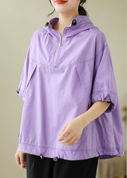 Fashion Purple Patchwork Cotton Solid Hooded Top Short Sleeve