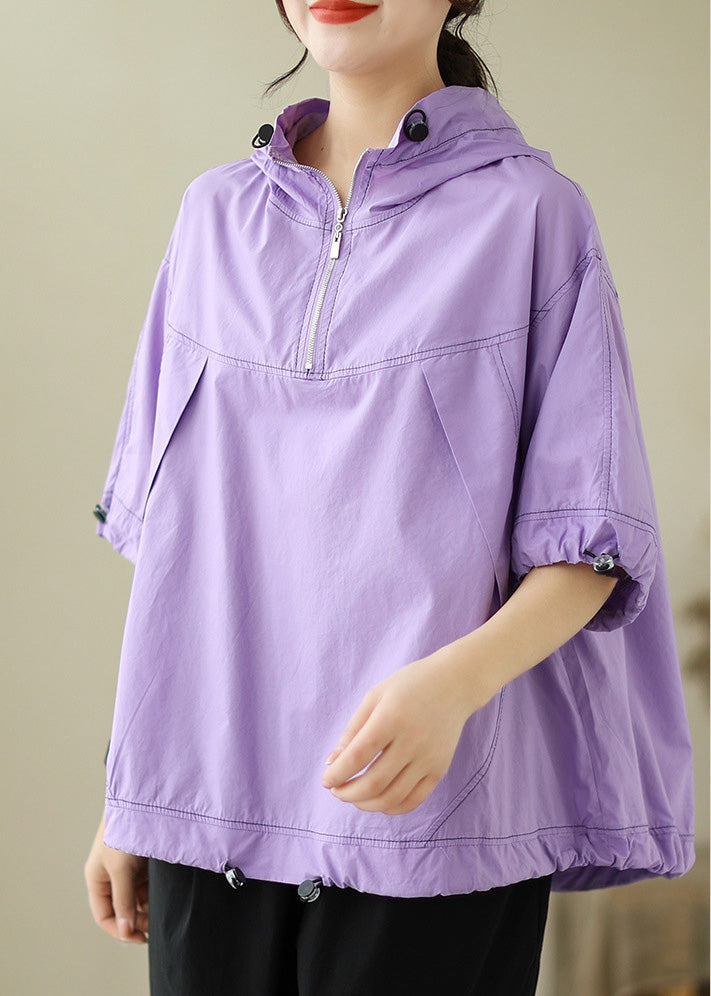 Fashion Purple Patchwork Cotton Solid Hooded Top Short Sleeve