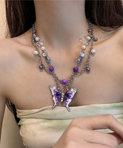 Fashion Purple Stainless Steel Crystal Zircon Butterfly Hollow Out Tassel Lariat Necklace