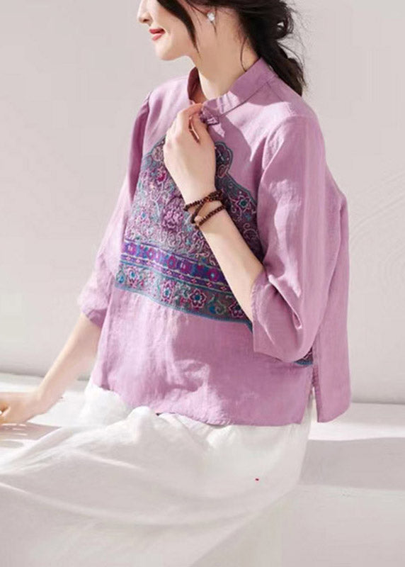 Fashion Purple Stand Collar Embroideried Floral Button Linen Shirt Long Sleeve