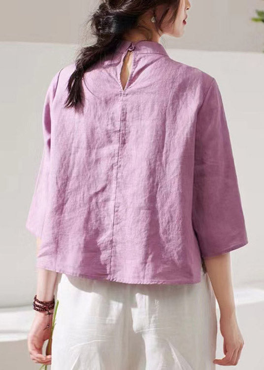 Fashion Purple Stand Collar Embroideried Floral Button Linen Shirt Long Sleeve