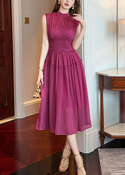 Fashion Purple Stand Collar High Waist Chiffon Holiday Maxi Dress Sleeveless