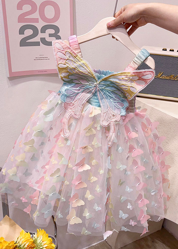 Fashion Rainbow Butterfly Nail Bead Tulle Baby Girls Dresses Summer