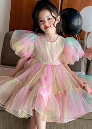 Fashion Rainbow Gradient Ruffled Patchwork Tulle Kids Girls Dress Puff Sleeve