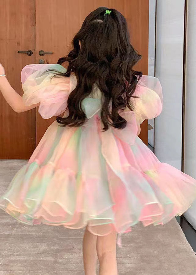 Fashion Rainbow Gradient Ruffled Patchwork Tulle Kids Girls Dress Puff Sleeve