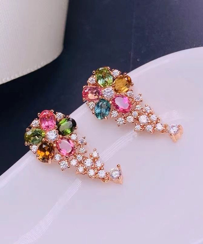 Fashion Rainbow Sterling Silver Overgild Zircon Crystal Floral Stud Earrings