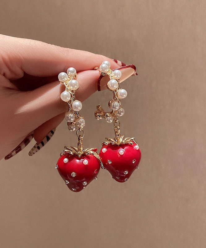 Fashion Red Alloy Zircon Jade Strawberry Drop Earrings