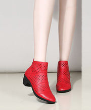 Fashion Red Chunky Cowhide Leather Hollow Out Splicing Boots