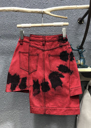 Fashion Red High Waist Patchwork Button Asymmetrical Denim Skirt Summer