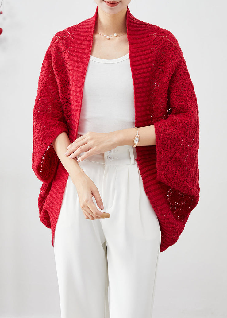 Fashion Red Oversized Hollow Out Knit Cardigan Fall