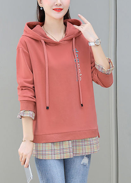 Fashion Red Patchwork Fake Two Pieces Hooded Cotton Sweatshirt Long Sleeve