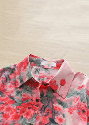 Fashion Red Peter Pan Collar Print Button Shirts Long Sleeve