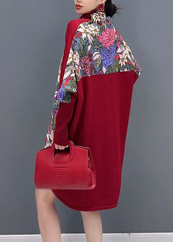 Fashion Red Print Knit Patchwork Tops Long Sleeve