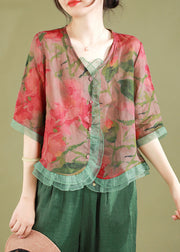 Fashion gray-geometry Ruffled Button Patchwork Linen Blouse Top Summer