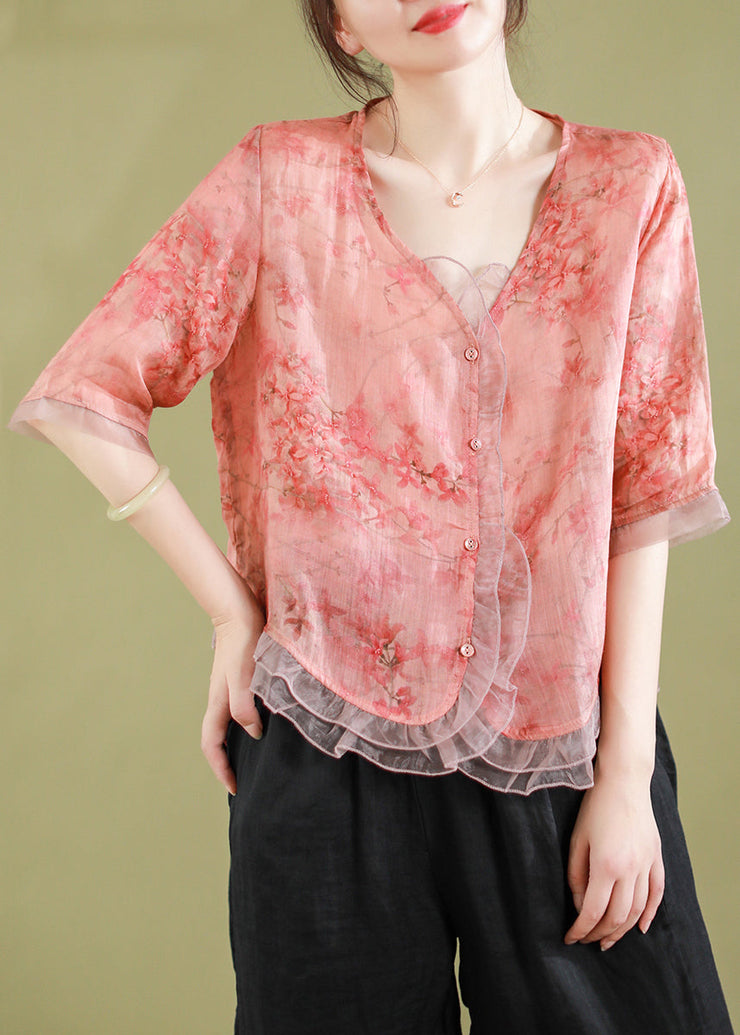 Fashion Burgundy  Geometry Ruffled Button Patchwork Linen Blouse Top Summer