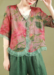 Fashion gray-floral Ruffled Button Patchwork Linen Blouse Top Summer