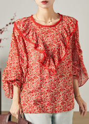 Fashion Red Ruffled Print Chiffon Blouse Top Butterfly Sleeve