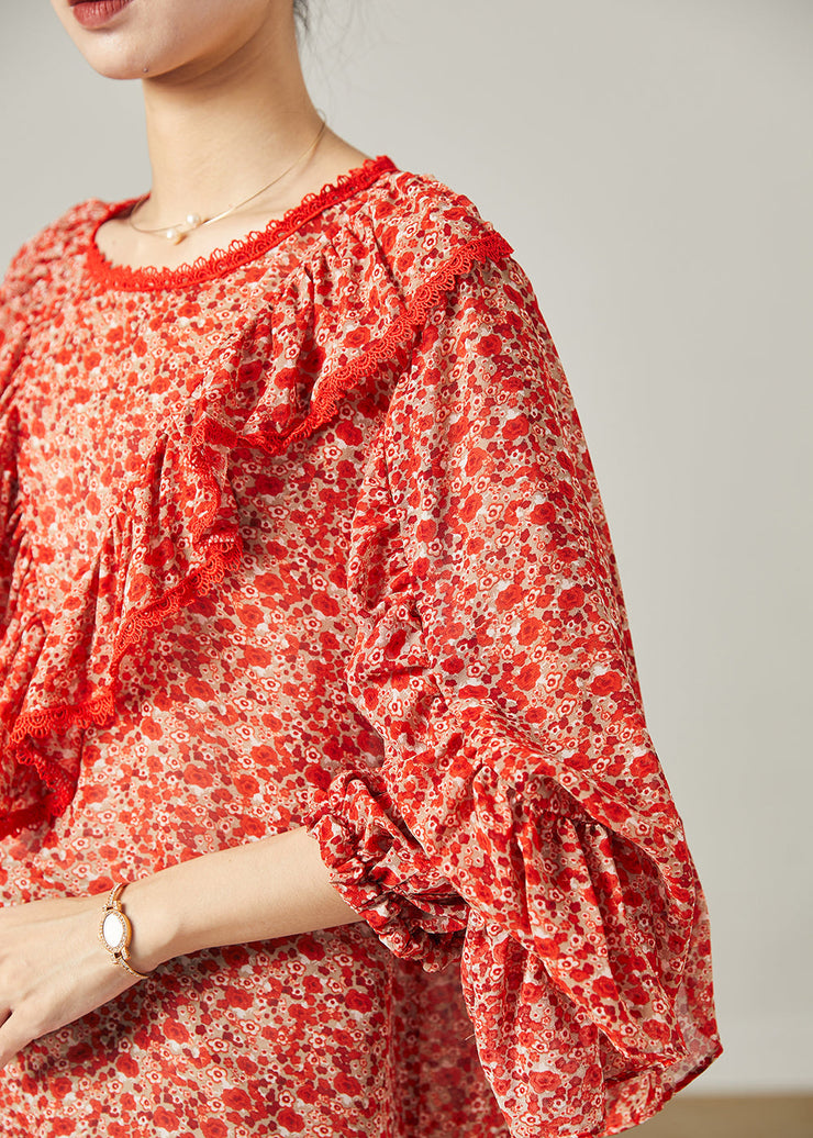 Fashion Red Ruffled Print Chiffon Blouse Top Butterfly Sleeve