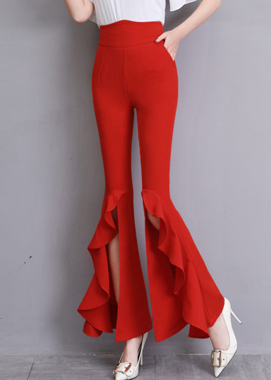 Fashion Red Ruffled Side Open Slim Bell Bottomed Trousers Summer