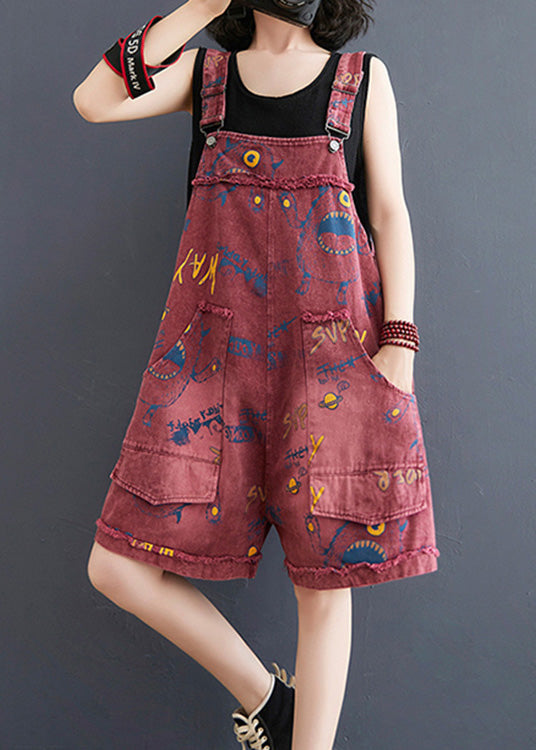 Fashion Red Slash Neck Print Patchwork Denim Jumpsuit Summer