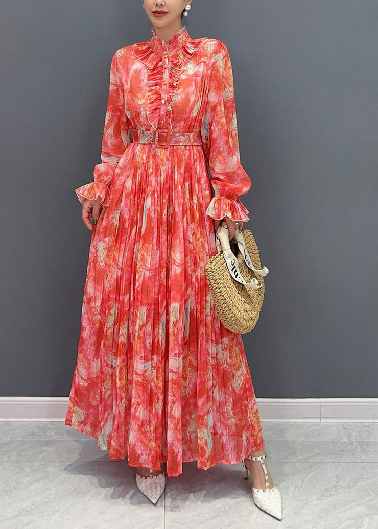 Fashion Red Stand Collar Print Sashes Chiffon Long Dress Long Sleeve