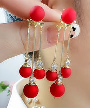 Fashion Red Stering Silver Overgild Pearl Zircon Tassel Drop Earrings