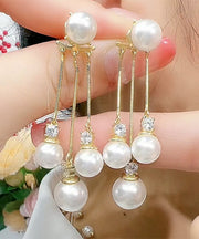 Fashion Red Stering Silver Overgild Pearl Zircon Tassel Drop Earrings