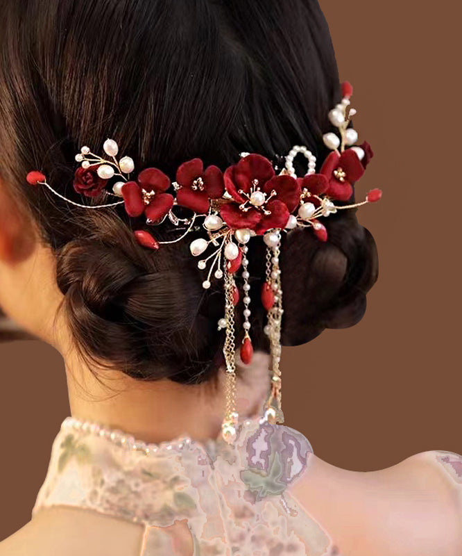 Fashion Red Sterling Silver Overgild Pearl Floral Tassel Hairpin