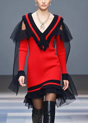 Fashion Red V Neck Patchwork Tulle Knitwear Dress Winter