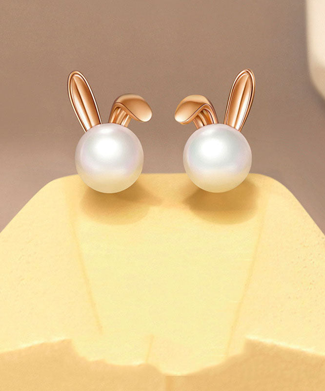 Fashion Rose Gold Rabbit Metal Pearl Stud Earrings