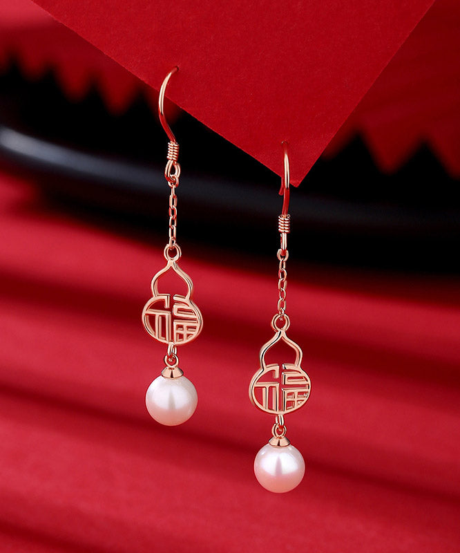 Fashion Rose Gold Sterling Silver Pearl Gourd Drop Earrings