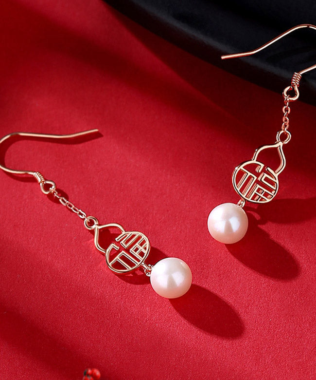 Fashion Rose Gold Sterling Silver Pearl Gourd Drop Earrings