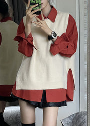 Fashion Side Open Apricot Knit Waistcoat And Red Shirts Two Pieces Set Fall