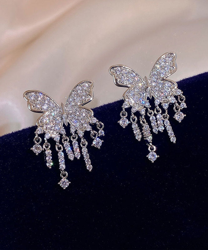 Fashion Silk Sterling Silver Alloy Inlaid Zircon Butterfly Tassel Drop Earrings