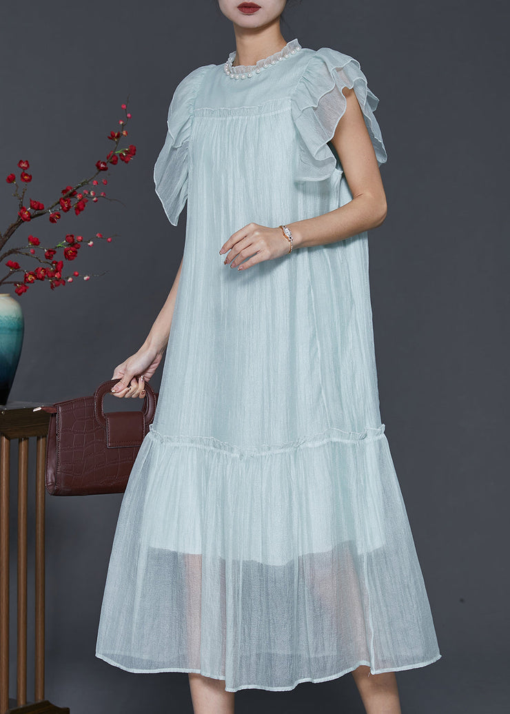 Fashion Sky Blue Ruffled Silk Maxi Dresses Summer