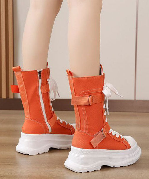 Fashion Splicing Lace Up Orange Canvas Motorcycle Platform Boots