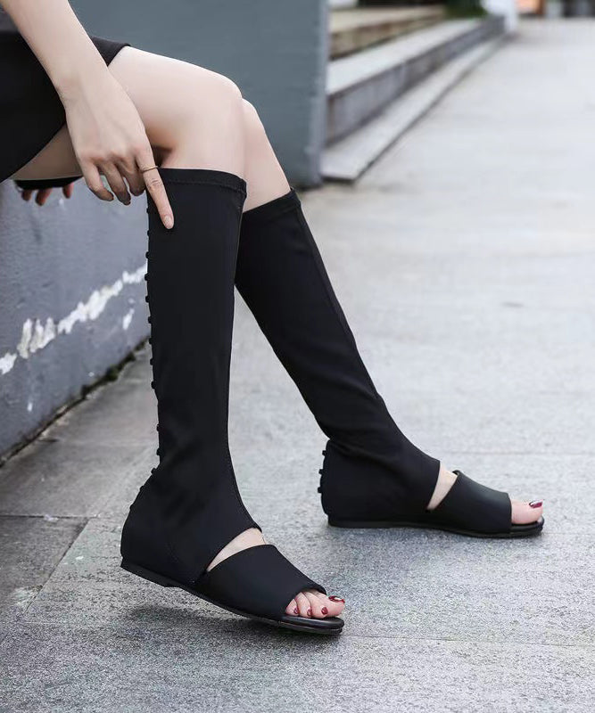 Fashion Splicing Long Boots Black Peep Toe Elastic Fabric