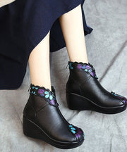 Fashion Splicing Wedge Boots Blue Floral Cowhide Leather