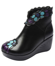 Fashion Splicing Wedge Boots Blue Floral Cowhide Leather